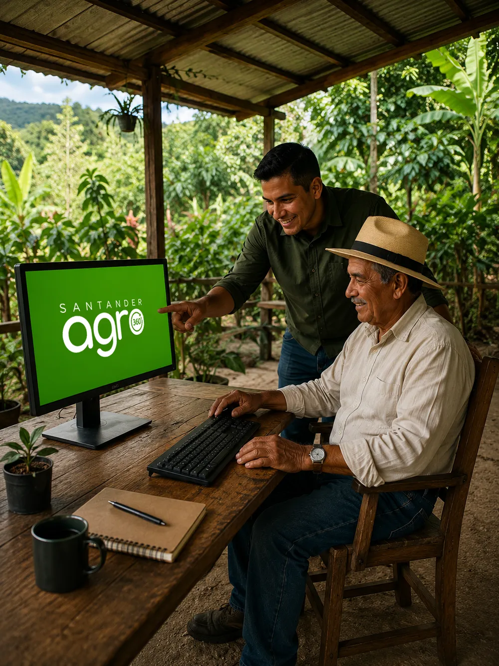 Agricultores consultando ARIA 360 en computador