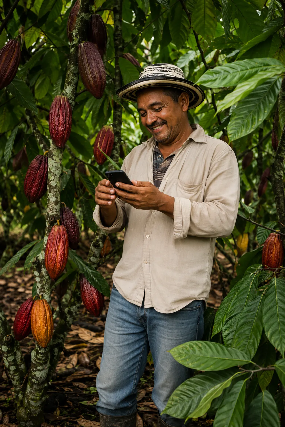 Agricultor consultando ARIA 360 en su celular