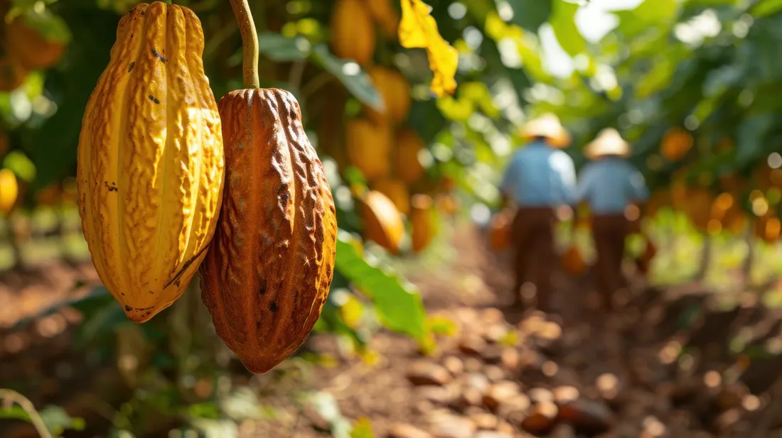 Mazorcas de cacao madurando en el árbol