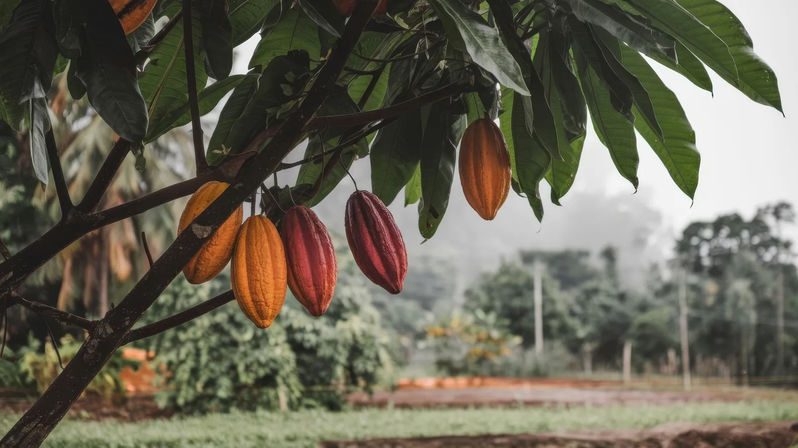 Árbol de cacao con mazorcas madurando