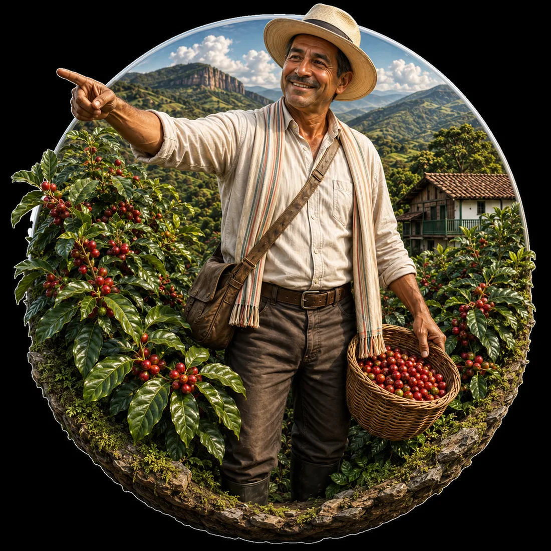 Agricultor santandereano señalando junto a su canasta de café