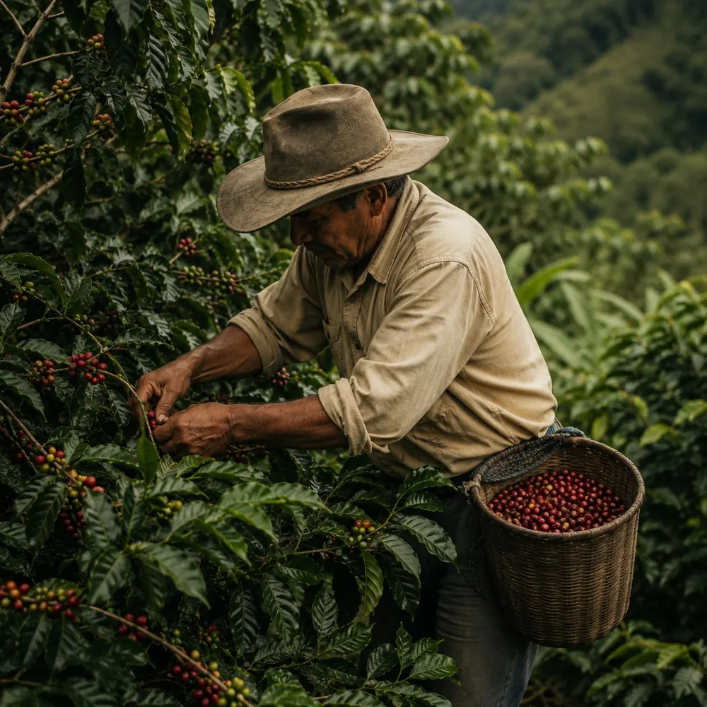 Agricultor cosechando café