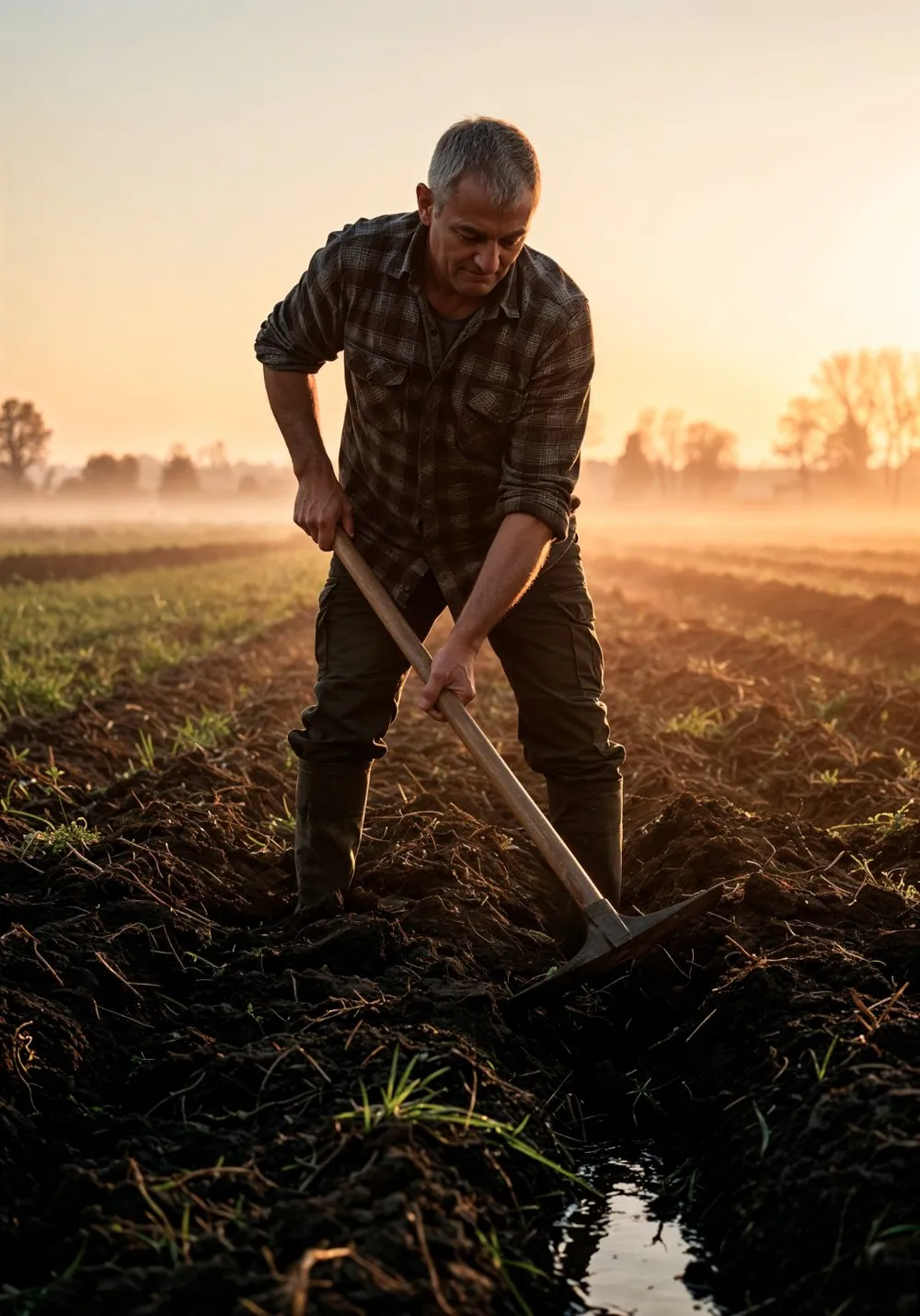 Agricultor trabajando la tierra con un rastrillo al amanecer